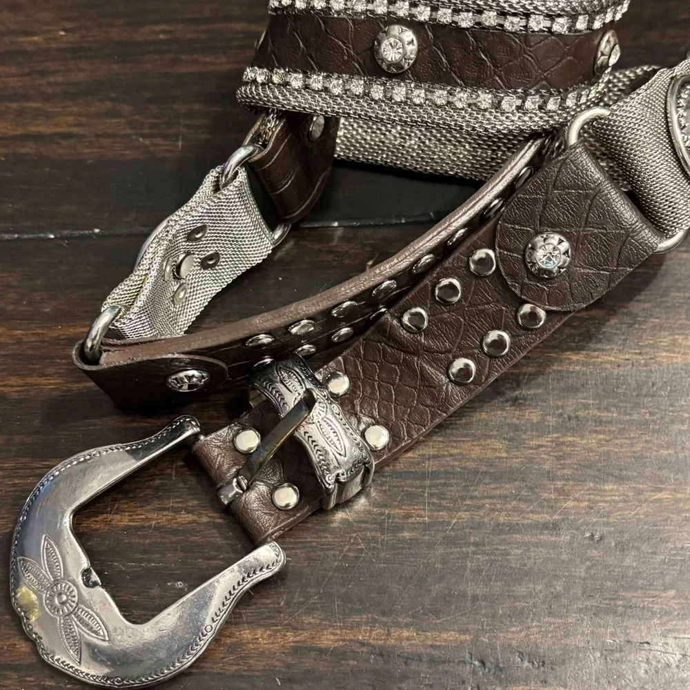 Western flair Studded Brown Leather Belt with mesh metal and crystal